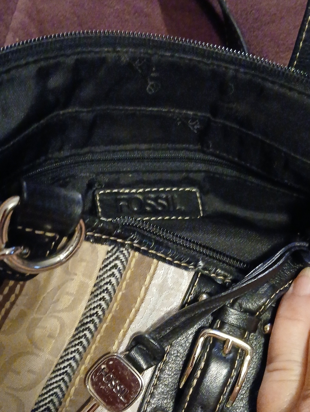 Fossil Black and Tan Leather-Trim Handbag/Crossbody/Messenger Bag